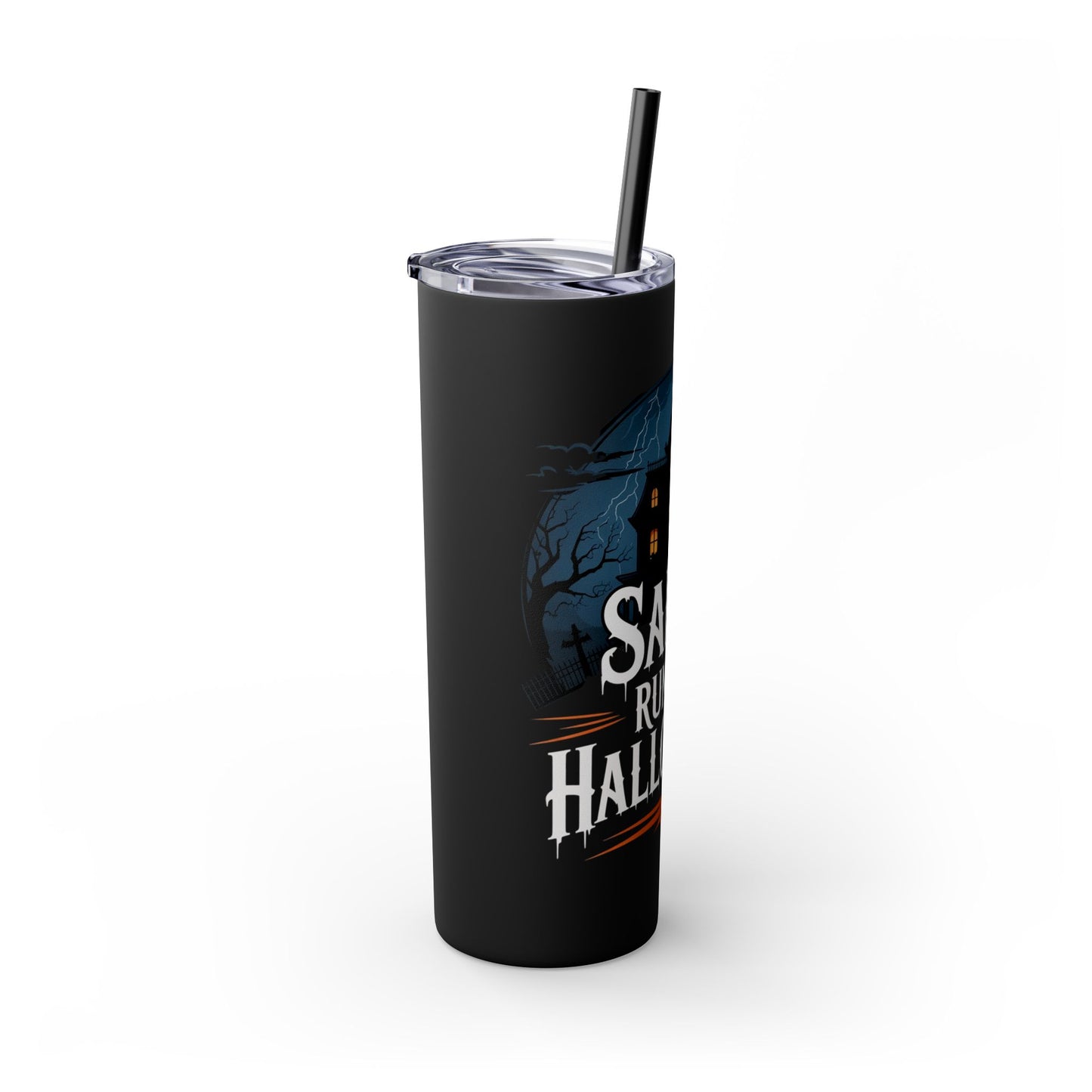 Salem Runs on Halloween Skinny Tumbler with Straw, 20oz (Black or Glitter Black)