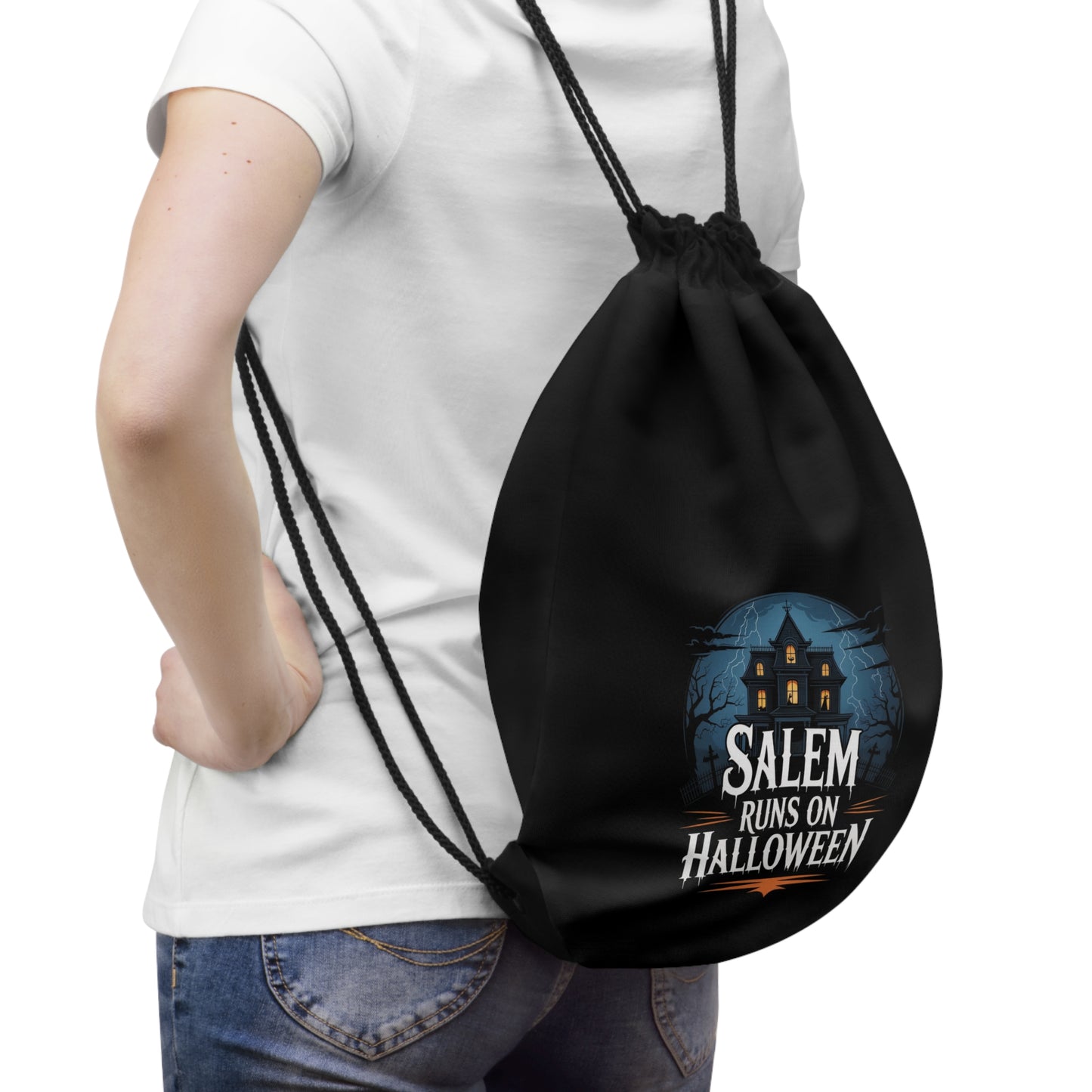Salem Runs on Halloween Black Drawstring Bag