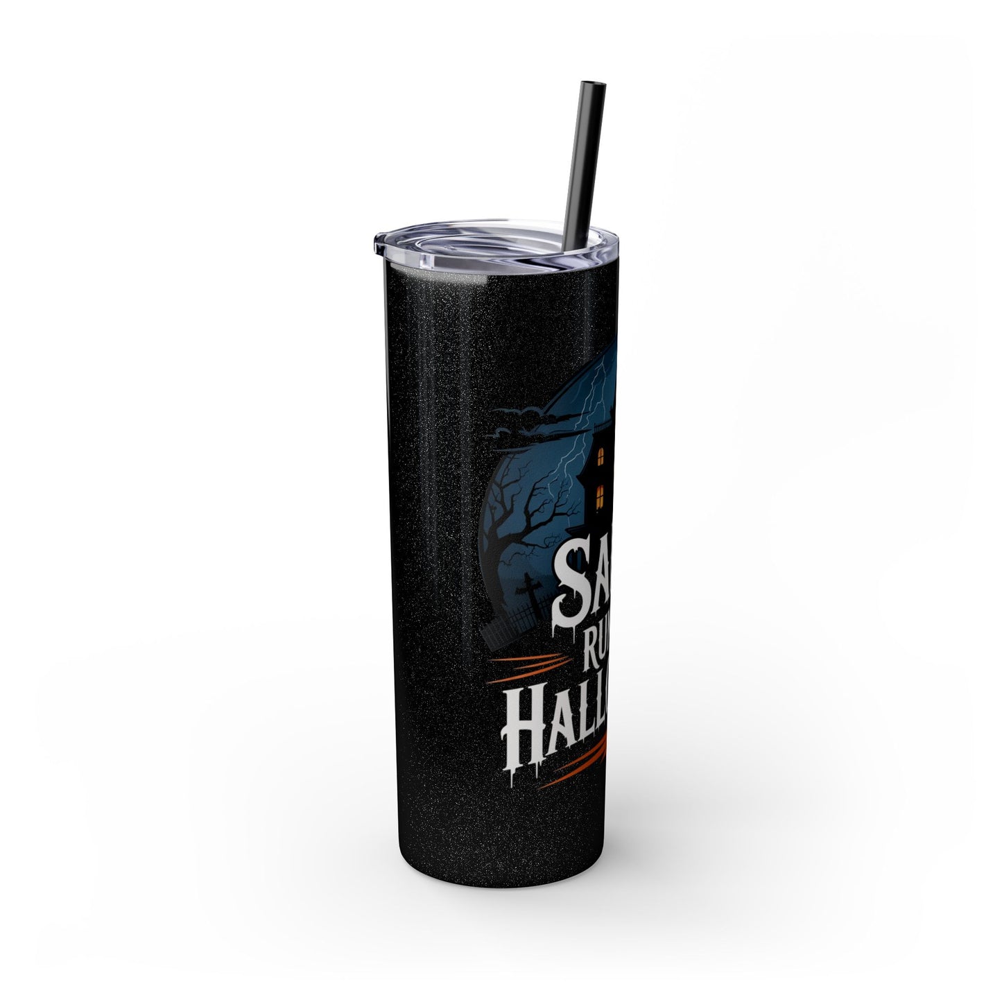 Salem Runs on Halloween Skinny Tumbler with Straw, 20oz (Black or Glitter Black)