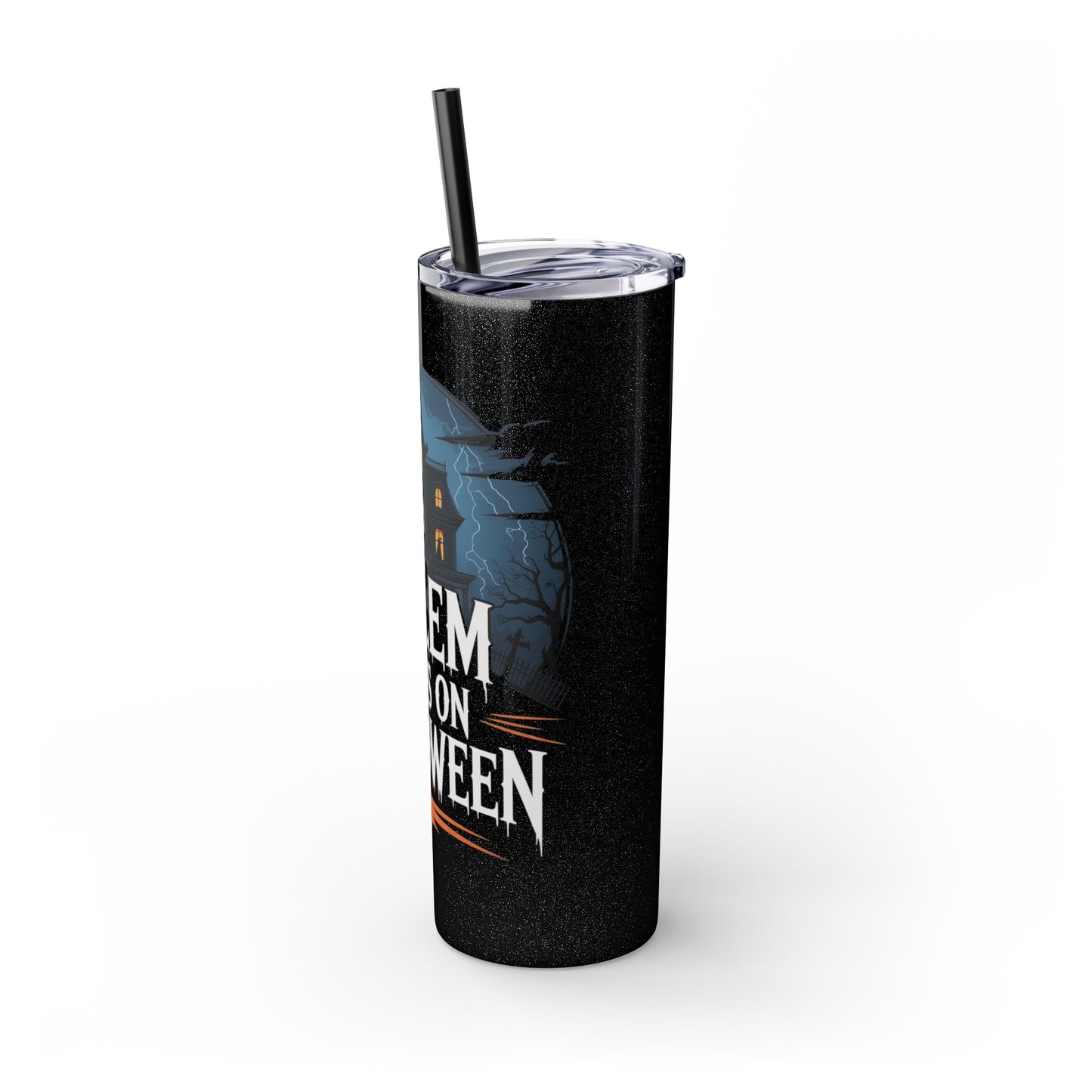 Salem Runs on Halloween Skinny Tumbler with Straw, 20oz (Black or Glitter Black)