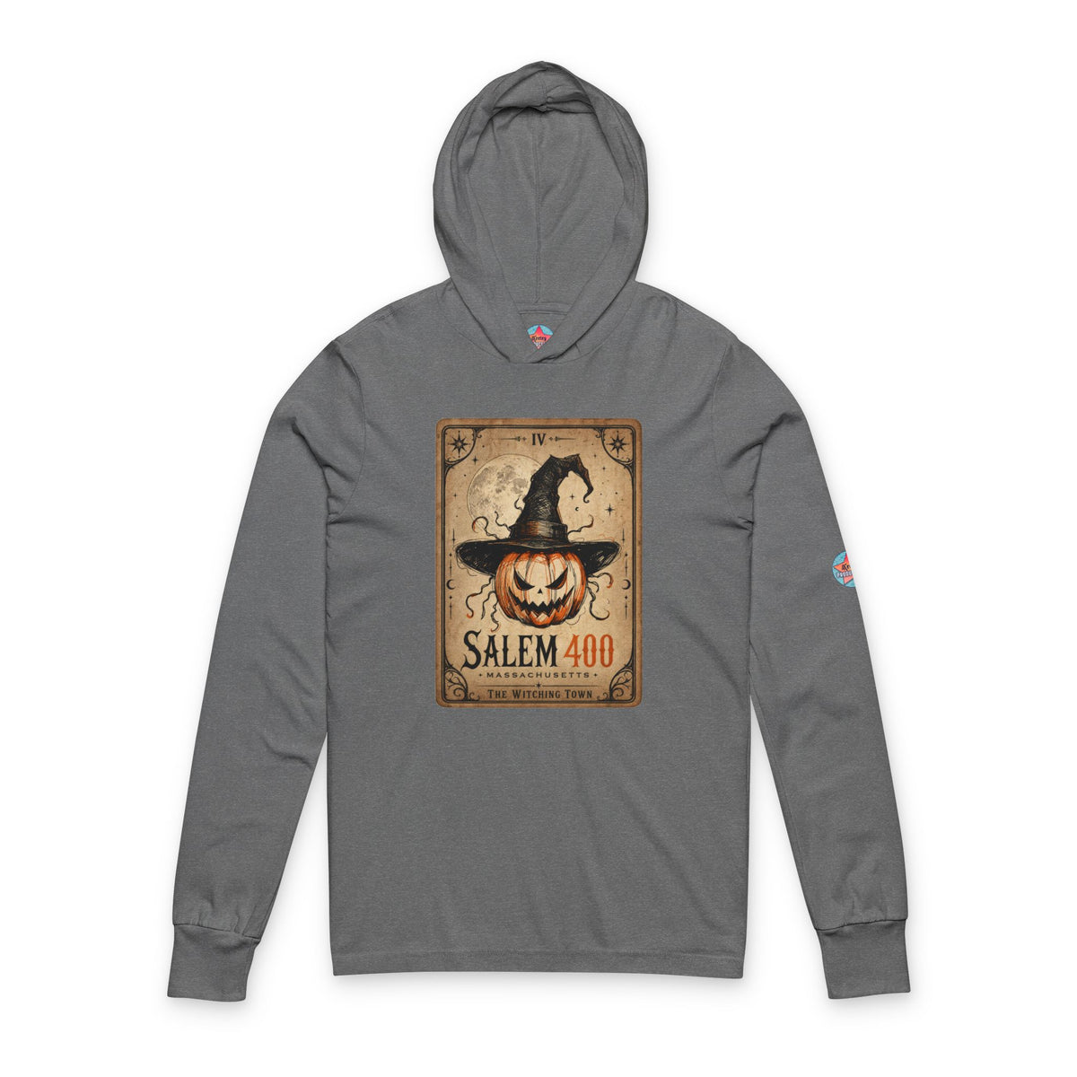 PUNKIN TAROT Unisex Hooded Long Sleeve Tee – detail view | SalemFootsteps