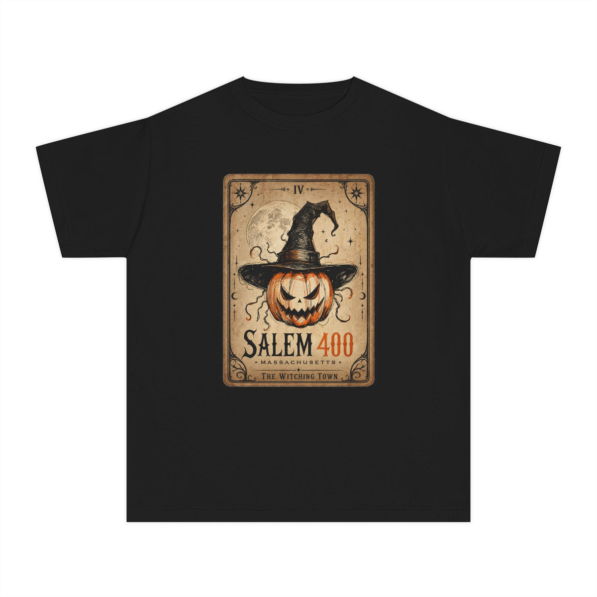 PUNKIN TAROT Youth Midweight Tee – detail view | SalemFootsteps