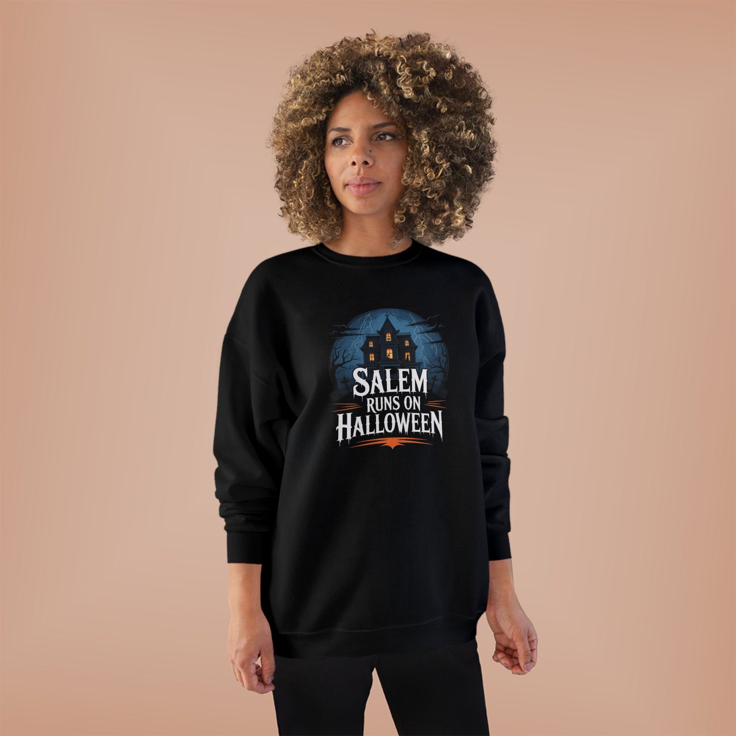 Salem Runs on Halloween Black Unisex EcoSmart® Crewneck Sweatshirt