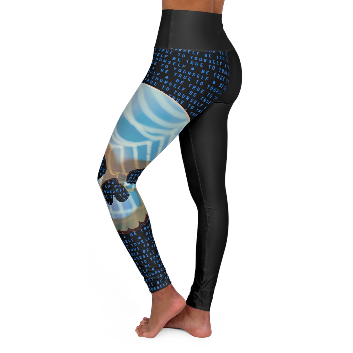BE TRUE TO YOURSELF SKULL BLUE High Waisted Yoga Leggings (AOP)