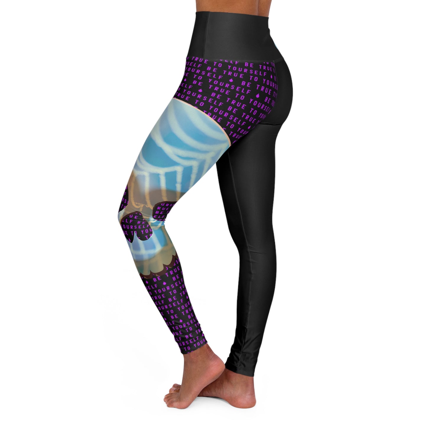 BE TRUE TO YOURSELF SKULL PURPLE High Waisted Yoga Leggings (AOP)